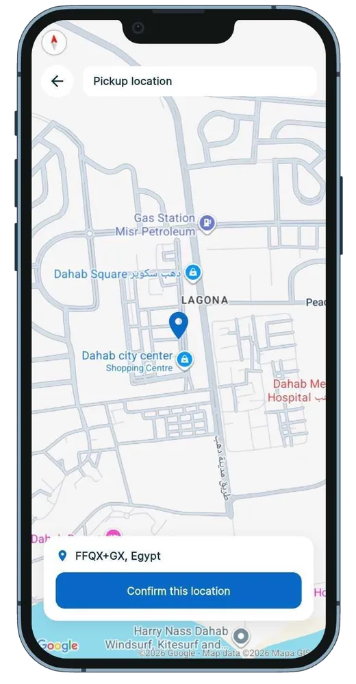 Map screen to set the pickup location in Dahab