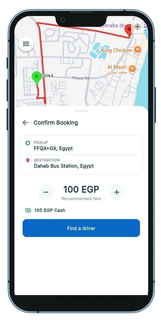 Confirm booking screen with recommended fare and cash option