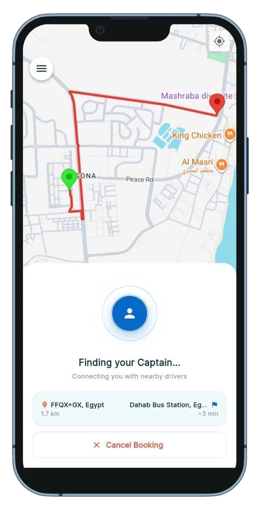 Finding your captain screen connecting to nearby drivers
