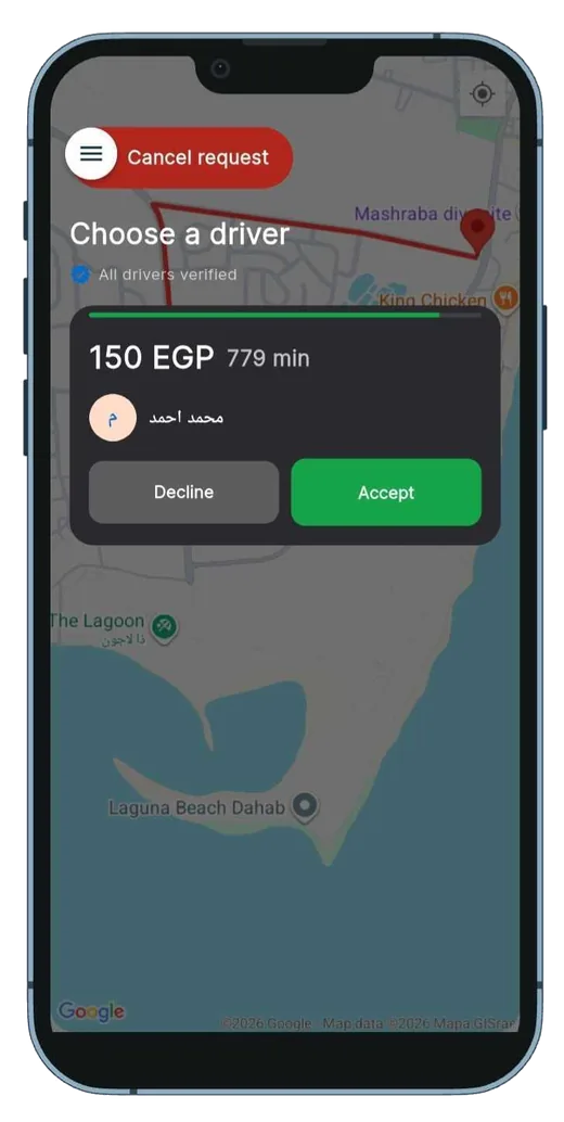 Choose a driver screen with an accept or decline offer