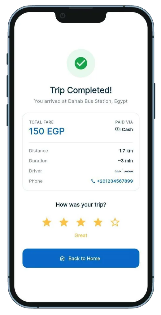 Trip completed screen with fare summary and star rating